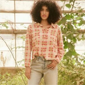 THE GREAT. Pink and Cream Plaid Button-Down Shirt